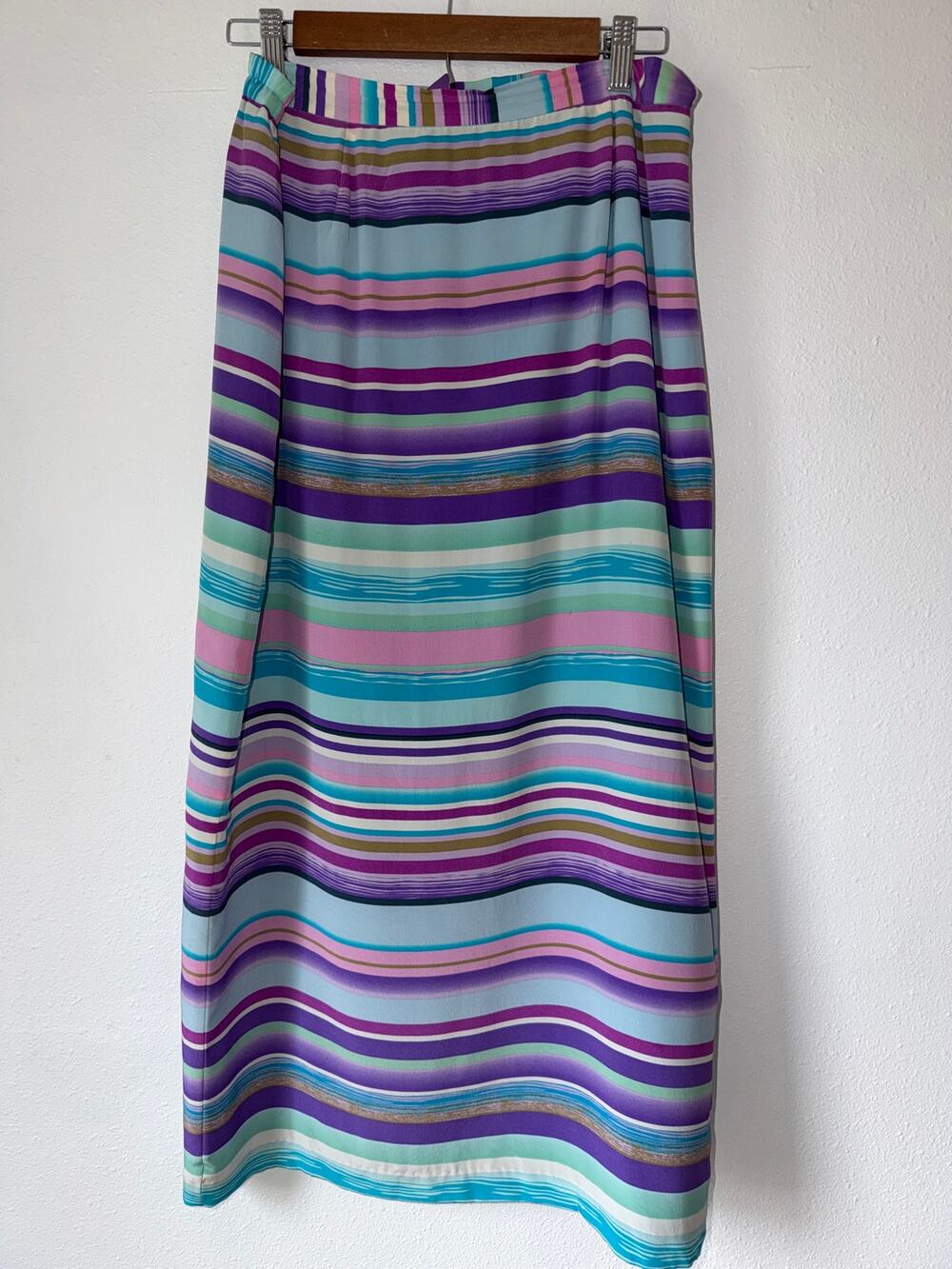 Chadwick’s Blue Purple Striped Zip Button Closure Maxi Skirt Silk Size 12 Y2K